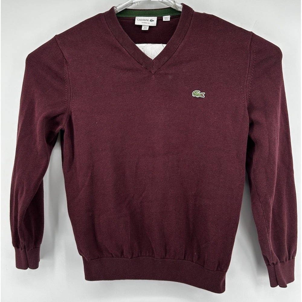 Lacoste Classic Fit V Neck Long Sleeve Cotton Sweater Pullover Maroon Medium
